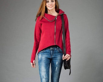 Sweat-shirt rouge, sweat-shirt d’hiver, vêtements taille plus, sweat-shirt zippé, sweat-shirt asymétrique, sweat-shirt surdimensionné, sweat-shirt en coton