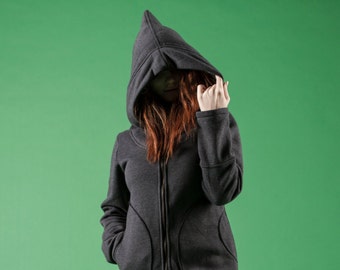 Gothic Pointed Hooded Sweatshirt, Cotton Blend Zip Up, Plus Size