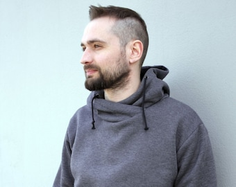 Mens Gray Cotton Hoodie, Warm Hooded Sweatshirt, Plus Size, spring style,