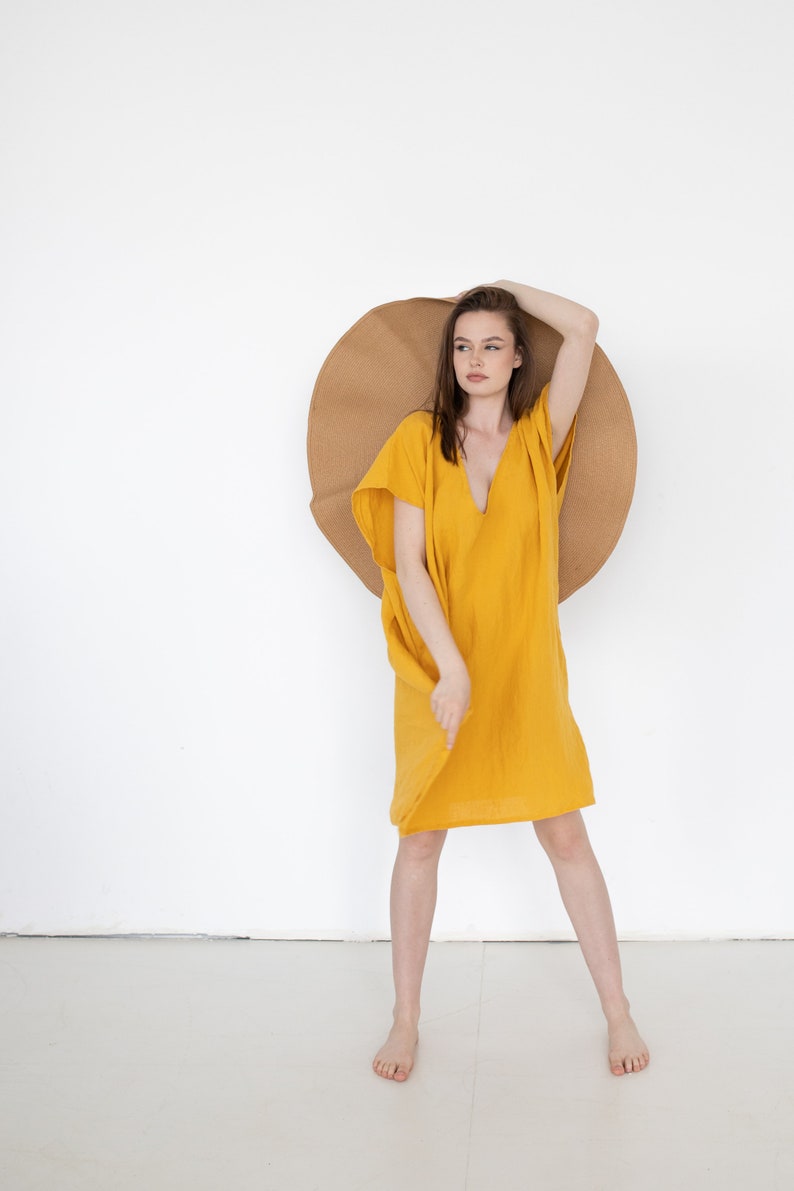 Loose Linen Dress, Yellow Summer Dress, Women Linen Dress, Maternity Dress, Oversized Linen Dress, Pure Linen Dress, Linen Sundress, Casual image 3