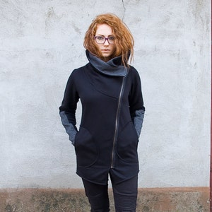 Cyberpunk Jacket, Cowl Neck Hoodie, Personalized Label, Spring Style, Futuristic Clothing, Womens Clothing, Steampunk, Asymmetrical Jacket