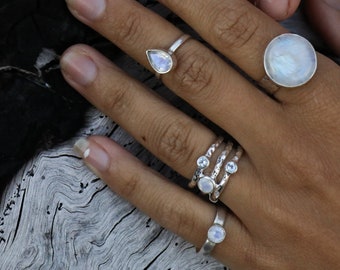 Square Rainbow Moonstone silver Lotus fitted alternative wedding ring set.