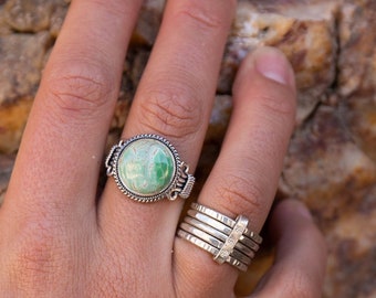 One of a Kind Variscite Ring set in Tribal Design Sterling Silver - Size 10 US - Jewelry - Variscite Jewellery - Green Ring