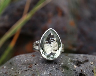 Teardrop Green Amethyst Ring in Split Beaten Sterling Silver Band - Prasiolite Ring - Gemstone Jewellery - Faceted Ring