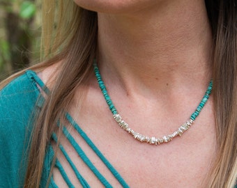 Gorgeous Natural Turquoise Necklace with  Striking Thai Hill Tribe and Sterling Silver Beads - Handmade Jewelry - Genuine Gemstone