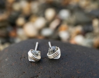 Sweet Herkimer Diamond Studs Wrapped in Sterling Silver - Raw Gemstone Jewellery - Herkimer Quartz Earrings - Rough Gemstone Jewelry