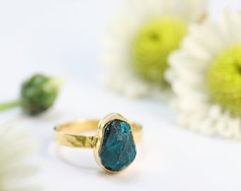 Genuine One-of-a-Kind Raw Dioptase Ring in Beaten Gold Plated Sterling Silver - Raw Dioptase - Rough Gemstone Ring - Dioptase Jewelry