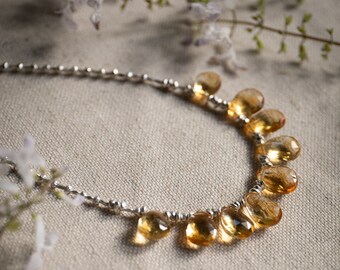 Handmade Beaded Faceted Briolette Citrine Necklace with Thai Hill Tribe Silver -   Gemstone Necklace - Citrine Jewellery
