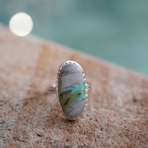 Sweet Oval Variscite Ring set in Unique Sterling Silver Setting - Size 8.5 US - Gemstone Jewelry - Variscite Jewellery - Green Stone Ring