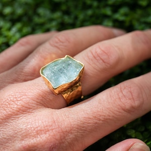 Gorgeous Raw Aquamarine Ring in Beaten 14k Gold Plated Sterling Silver with Adjustable Band - Gold Aquamarine Ring