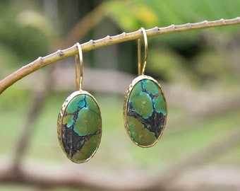 Stunning Genuine Turquoise Earrings set in Beaten Gold Plated Sterling Silver -Turquoise Earrings - Gemstone Jewellery - Turquoise Jewellery