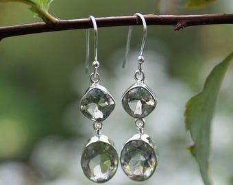Dubbele druppel gefacetteerde groene amethist (prasioliet) oorbellen in sterlingzilver