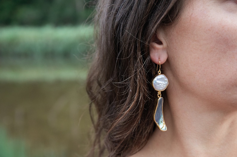 Pearl Jewellery Gemstone Jewelry Statement Asymmetrical Freshwater Pearl and Paua Shell Earrings in Gold Plated Sterling Silver