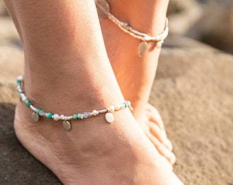 Beaded Aquamarine, Freshwater Pearl and Chrysocolla Anklet with Thai Hill Tribe Silver Charms, Clasp and Beads