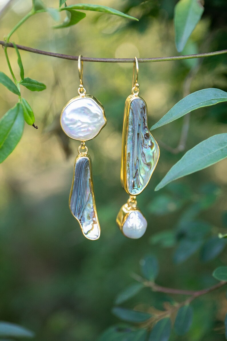 Pearl Jewellery Gemstone Jewelry Statement Asymmetrical Freshwater Pearl and Paua Shell Earrings in Gold Plated Sterling Silver