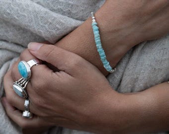 Beaded Stack Larimar and Thai Hill Tribe Silver Bracelet