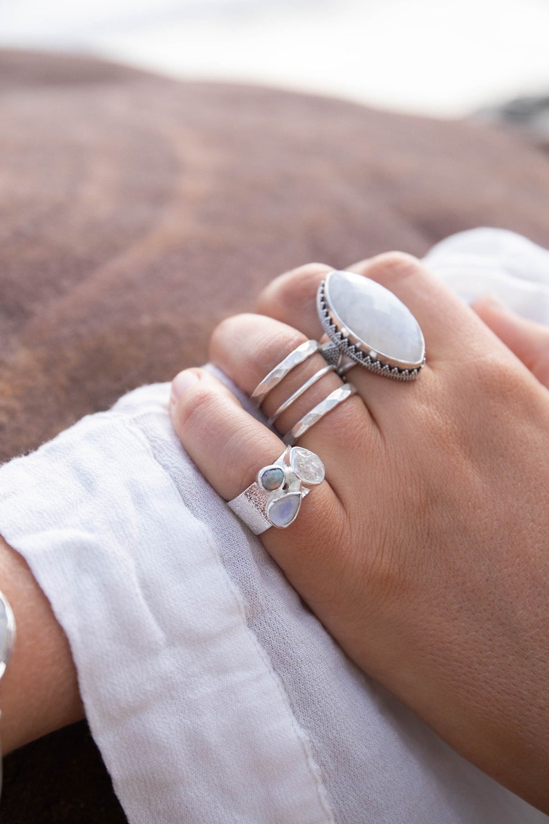 Genuine Australian Opal, Herkimer Diamond and Rainbow Moonstone Ring set in Silver - Size 6 US image 1