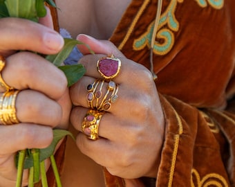 Raw Ruby Ring in Beaten Gold Plated Sterling Silver - Size 9.5 US - Rough Ruby Ring - Gold Ruby Ring - Genuine Ruby Earrings - Ruby Jewelry
