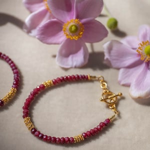 Gold and Ruby Beaded Bracelet - Handmade Gemstone Bracelet - Gold Vermeil and Ruby Bracelet - Gemstone Jewelry