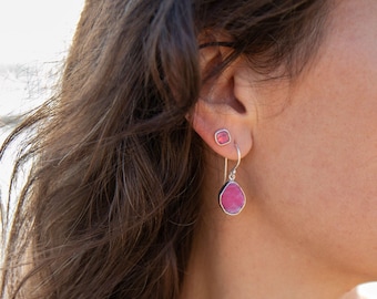 Raw Ruby Earrings in Beaten Sterling Silver