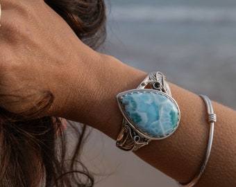 Stunning Larimar and Sterling Silver Bangle with Leaf Embellishments