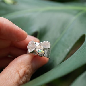 Genuine Australian Opal, Herkimer Diamond and Rainbow Moonstone Ring set in Silver - Size 6 US image 4