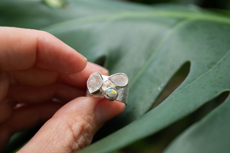 Genuine Australian Opal, Herkimer Diamond and Rainbow Moonstone Ring set in Silver - Size 6 US image 4