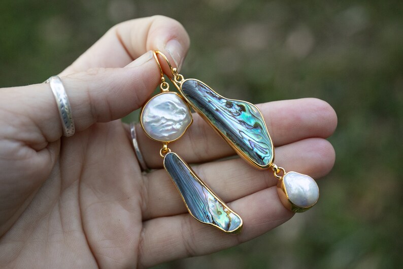 Pearl Jewellery Gemstone Jewelry Statement Asymmetrical Freshwater Pearl and Paua Shell Earrings in Gold Plated Sterling Silver