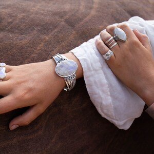 Genuine Australian Opal, Herkimer Diamond and Rainbow Moonstone Ring set in Silver - Size 6 US image 7