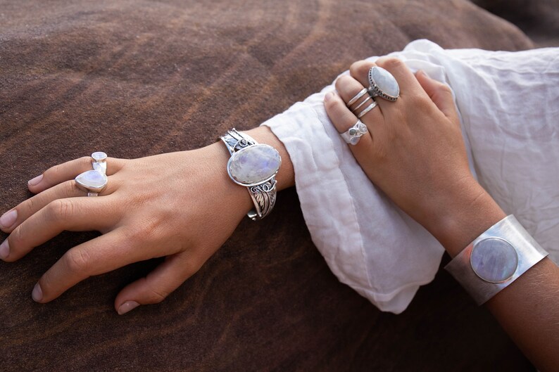 Genuine Australian Opal, Herkimer Diamond and Rainbow Moonstone Ring set in Silver - Size 6 US image 7
