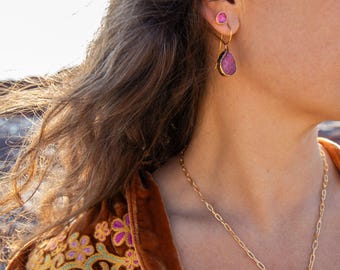 Raw Ruby Earrings in Beaten 24k Gold Plated Setting - Rough Ruby Gold Earrings - Raw Ruby Jewelry - Genuine Rough Ruby Jewellery