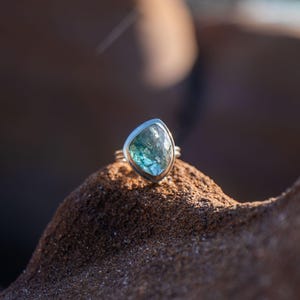 Dark Green Tourmaline Ring set in Unique Sterling Silver - Size 6.5 US - Indicolite Gemstone Ring - Green Tourmaline Jewellery