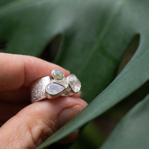 Genuine Australian Opal, Herkimer Diamond and Rainbow Moonstone Ring set in Silver - Size 6 US image 5