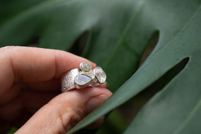 Genuine Australian Opal, Herkimer Diamond and Rainbow Moonstone Ring set in Silver - Size 6 US image 5