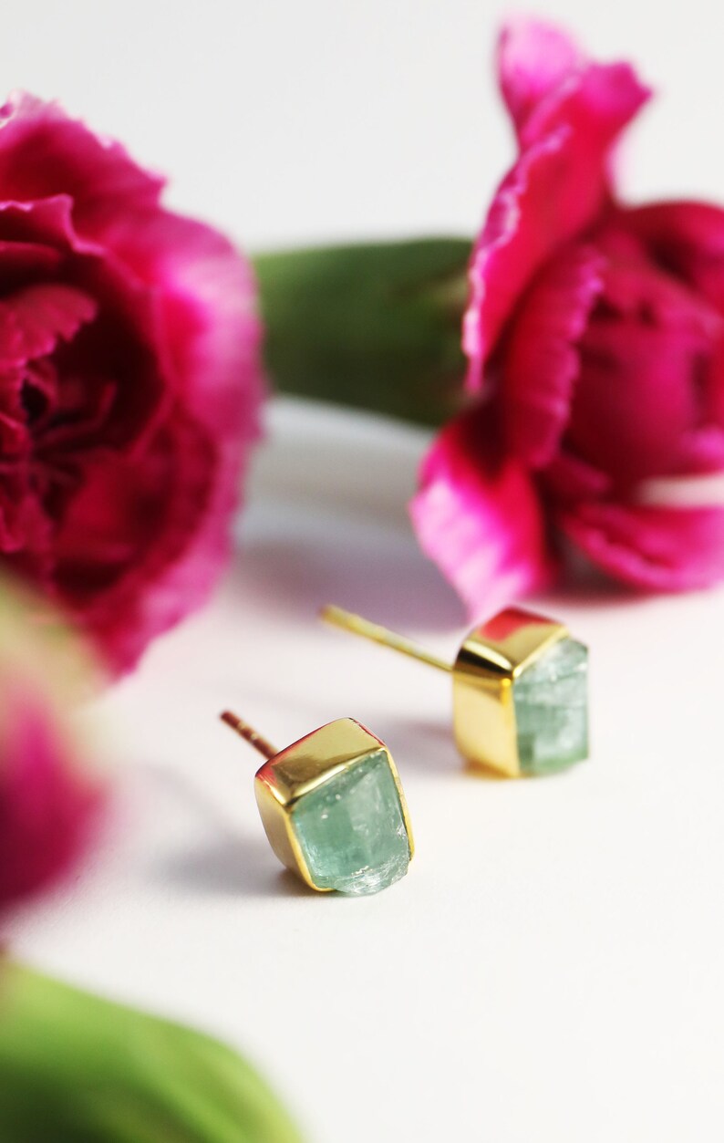 Tourmaline Jewellery Gemstone Studs Lovely Indocolite Tourmaline Studs Set in Gold Plated Sterling Silver