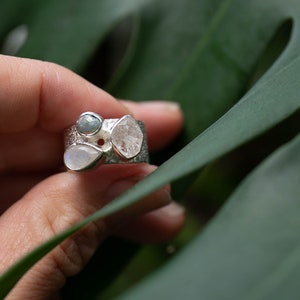 Genuine Australian Opal, Herkimer Diamond and Rainbow Moonstone Ring set in Silver - Size 6 US image 6