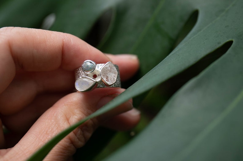 Genuine Australian Opal, Herkimer Diamond and Rainbow Moonstone Ring set in Silver - Size 6 US image 6