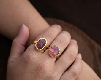 ピンクトルマリンリング（ユニークな金メッキスターリングシルバー製） - サイズ8 US