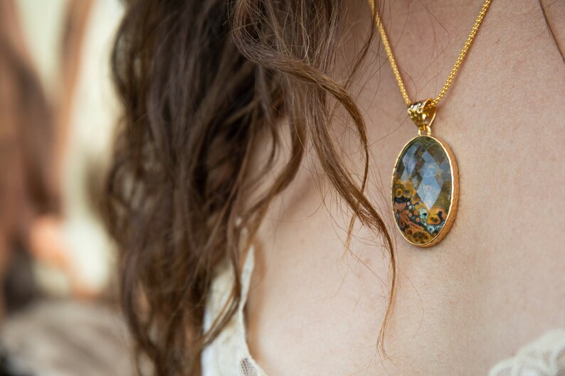 Jasper Jewellery Gemstone Pendant Stunning Large Faceted Earthy Ocean Jasper Pendant set in Hammered Gold Plated Sterling Silver