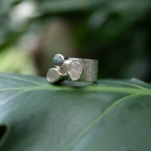 Genuine Australian Opal, Herkimer Diamond and Rainbow Moonstone Ring set in Silver - Size 6 US image 2