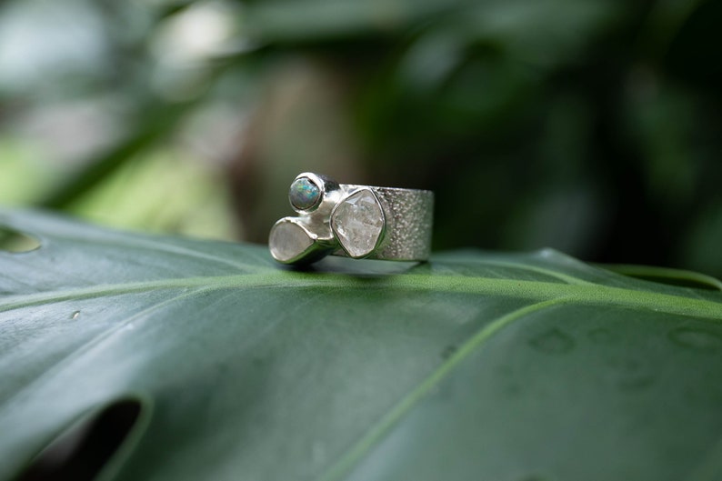 Genuine Australian Opal, Herkimer Diamond and Rainbow Moonstone Ring set in Silver - Size 6 US image 2
