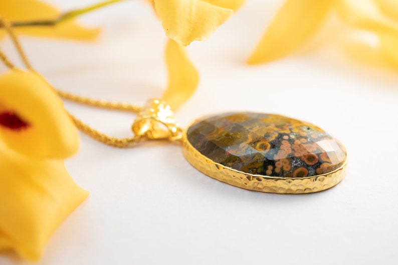 Jasper Jewellery Gemstone Pendant Stunning Large Faceted Earthy Ocean Jasper Pendant set in Hammered Gold Plated Sterling Silver