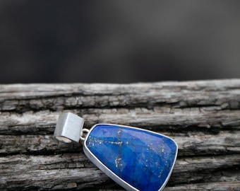 High Grade Lapis Lazuli Pendant in Unique Brushed Sterling Silver Setting