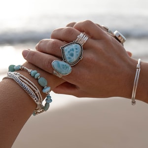 One of a Kind Unique Larimar Ring in Tribal Sterling Silver Setting - Size 7 US - Statement Larimar Ring - Pectolite - Dolphin Stone