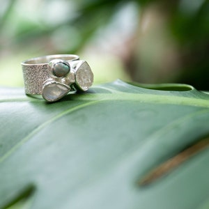 Genuine Australian Opal, Herkimer Diamond and Rainbow Moonstone Ring set in Silver - Size 6 US image 3
