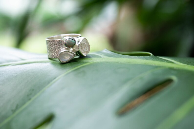 Genuine Australian Opal, Herkimer Diamond and Rainbow Moonstone Ring set in Silver - Size 6 US image 3