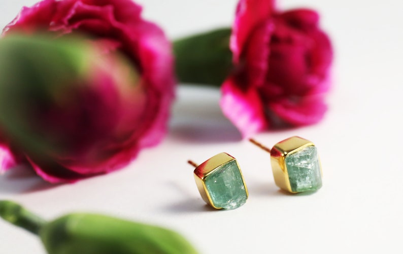 Tourmaline Jewellery Gemstone Studs Lovely Indocolite Tourmaline Studs Set in Gold Plated Sterling Silver
