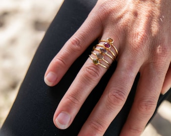 Multi Watermelon Tourmaline Multi Band Ring in Gold Plated Silver - Size 6.5 US - Tourmaline Stone Ring - 14k Gold Pated Sterling Silver