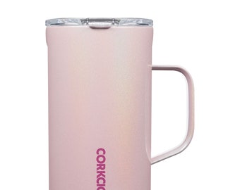 Personalized 22 oz Cotton Candy Pink Glitter Insulated Mug with Slide Lock Lid by Corkcicle