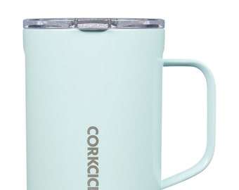 Personalized 16 oz Powder Blue Light Blue Insulated Mug with Slide Lock Lid by Corkcicle